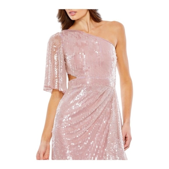 Mac Duggal Sequined Flutter Sleeve One Shoulder Draped Gown NWT - Picture 3 of 11